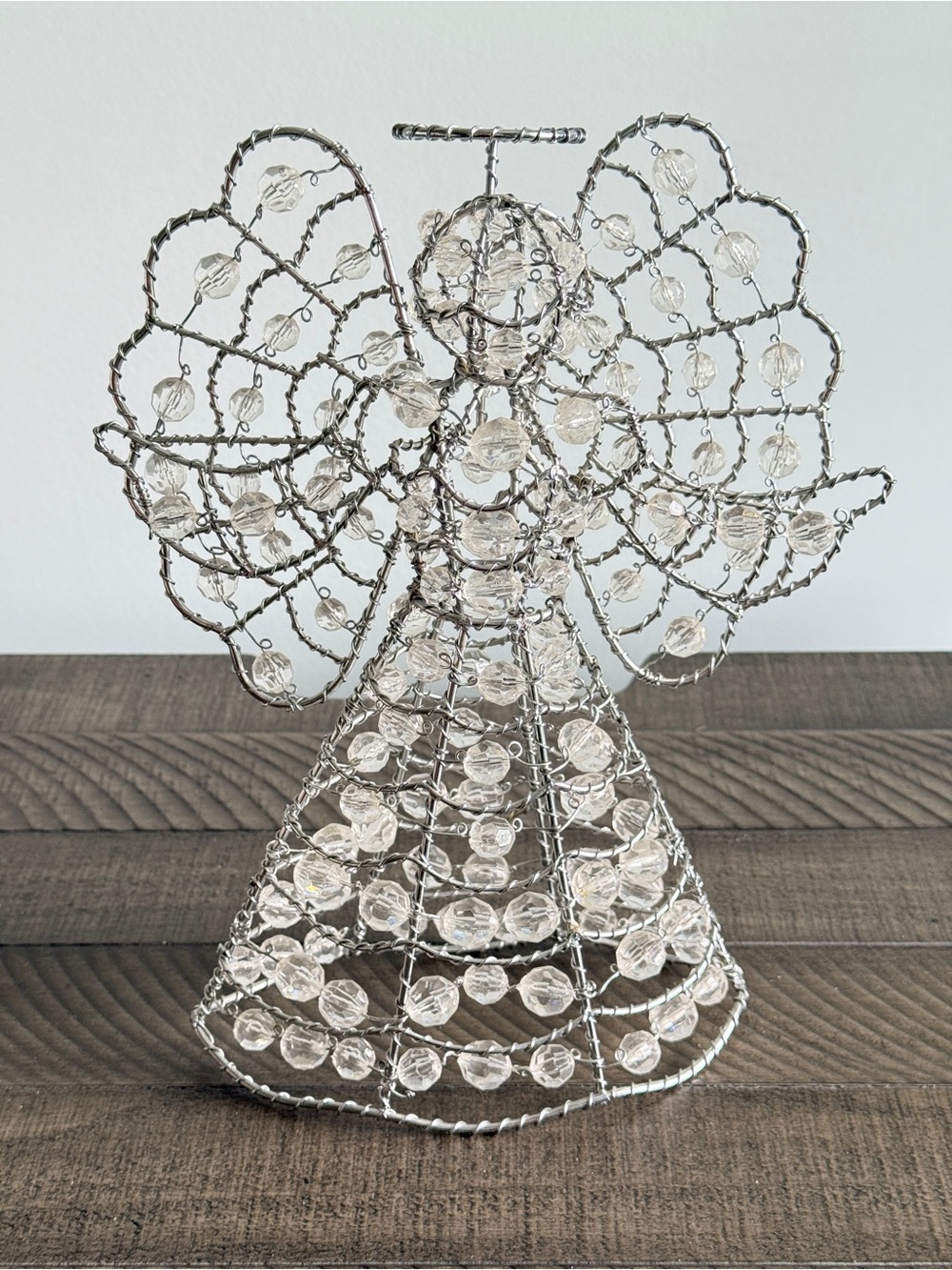 Silver-Toned Wire-Frame Angel Figurine With Sparkling Clear Crystal Style Beads